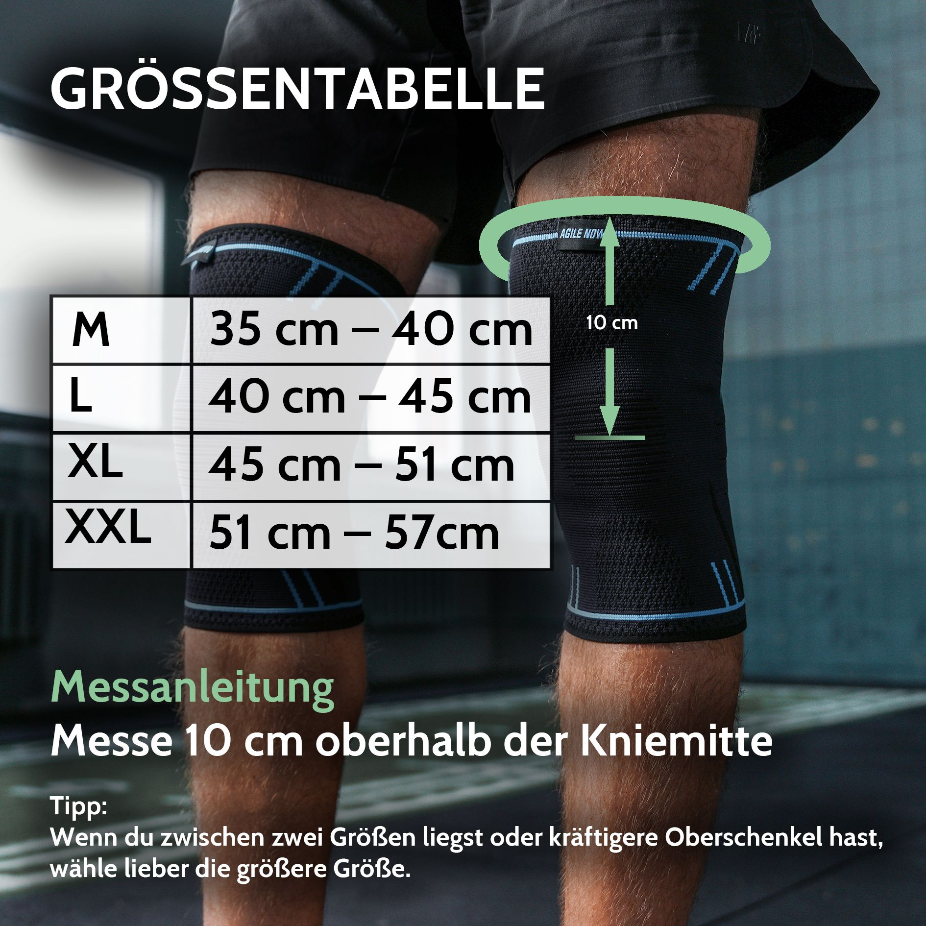 Tabella taglie ginocchiere. Taglie M-XXL. Istruzioni di misurazione: 10 cm sopra il ginocchio.