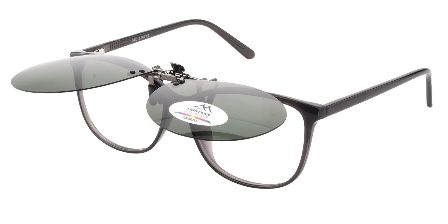 Occhiali da sole Montana Eyewear Sopot clip-on. Montatura nera, lenti verdi. Meccanismo a clip. Logo e Polarized.