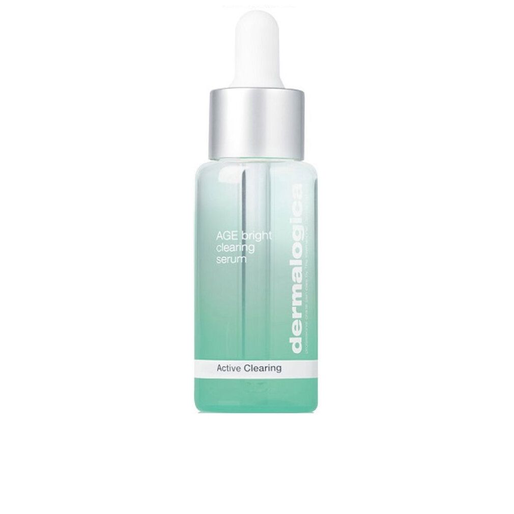 Flacone trasparente con contagocce. Scritta: AGE bright clearing serum, Active Clearing, Dermalogica.