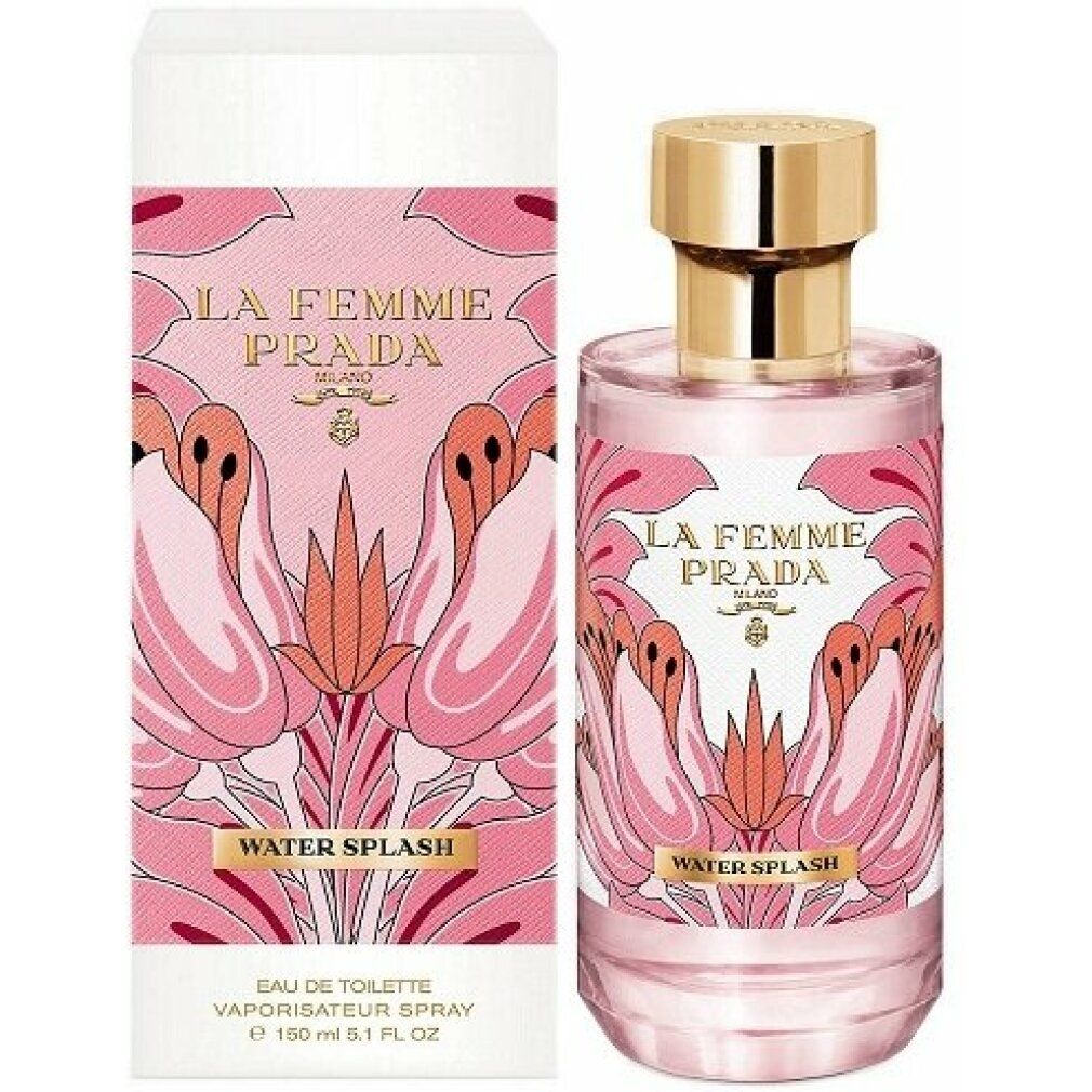 Flacone e confezione Prada La Femme Water Splash Eau de Toilette. Scritta: La Femme Prada, Water Splash. Design floreale.