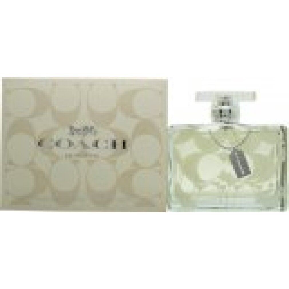 Flacone di profumo e confezione. Flacone rettangolare con etichetta. Confezione con motivo logo. Marchio: Coach.