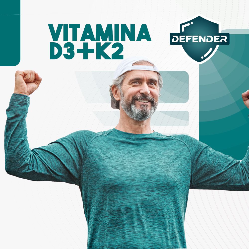 Uomo con cappello, alza le braccia. Testo: Vitamina D3+K2. Logo Defender.