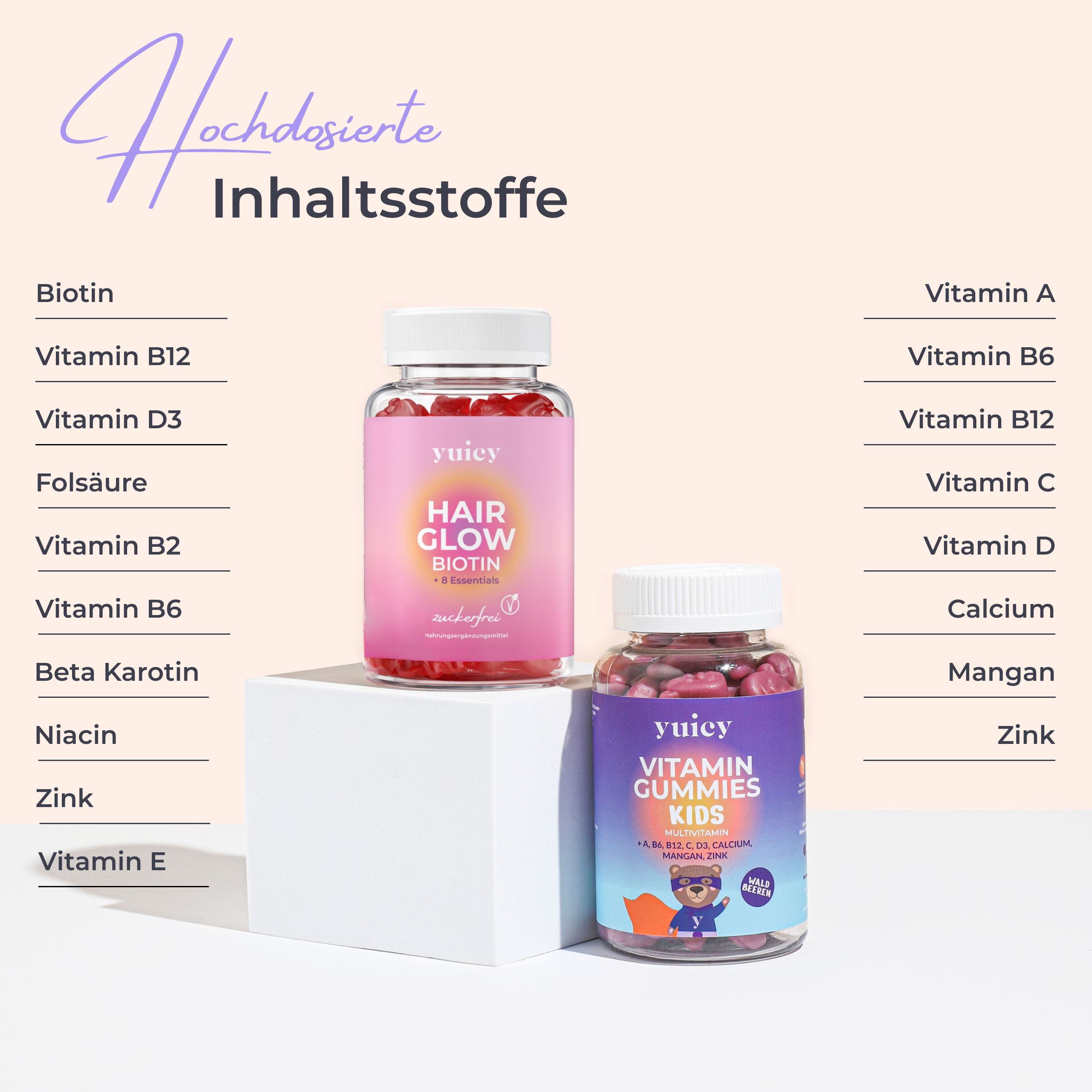 yuicy® Hair Glow & Kids Multivitamin - caramelle gommose alla frutta ad alto contenuto di vitamine