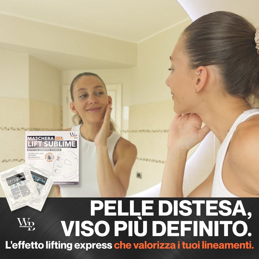Maschera viso e confezione. Testo: Maschera Lift Sublime. Donna allo specchio. Due bustine e una scatola.