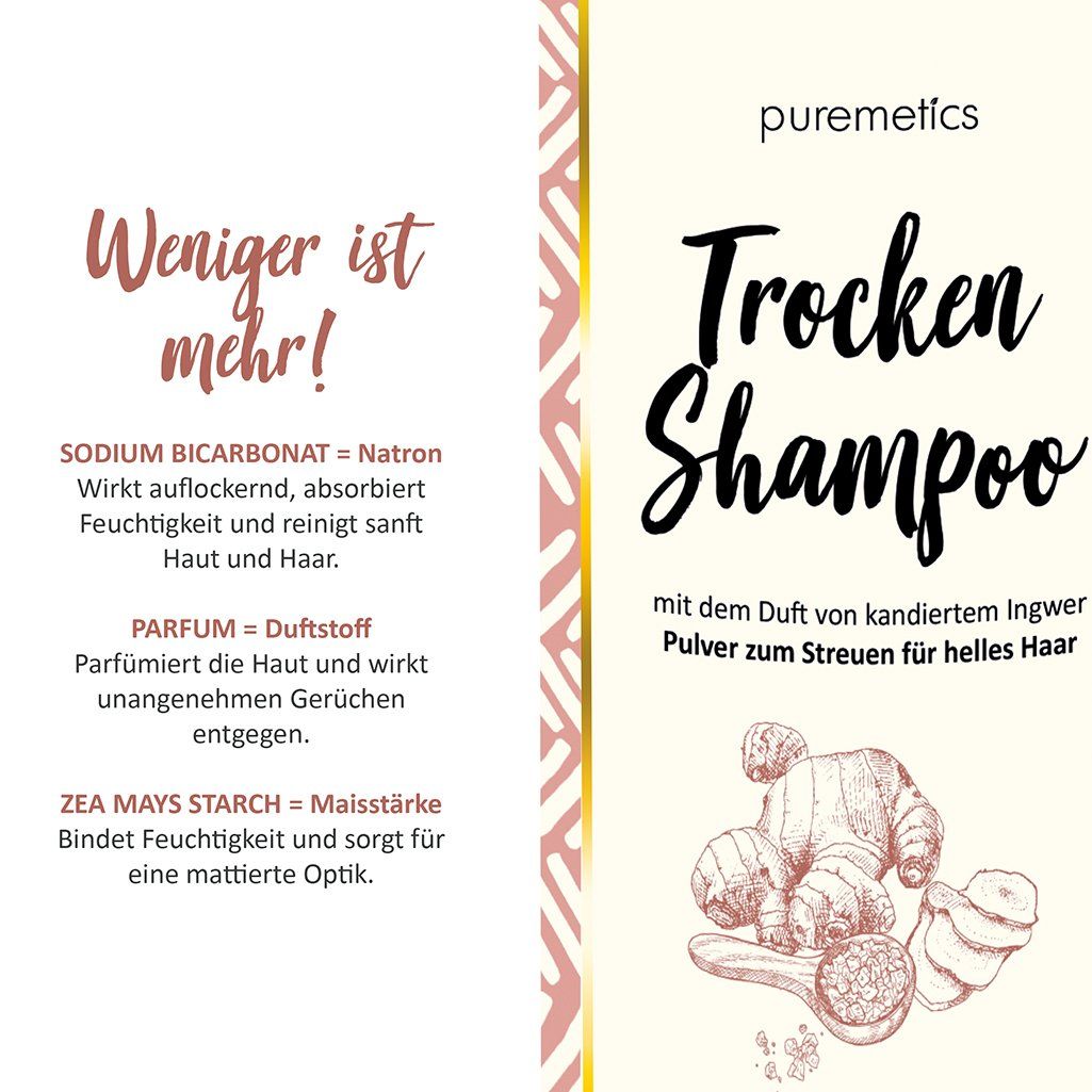 Informazioni sul prodotto. Contenitore di shampoo secco. Testo: puremetics Trocken Shampoo, Ingwer Kandis, per capelli chiari. Ingredienti.