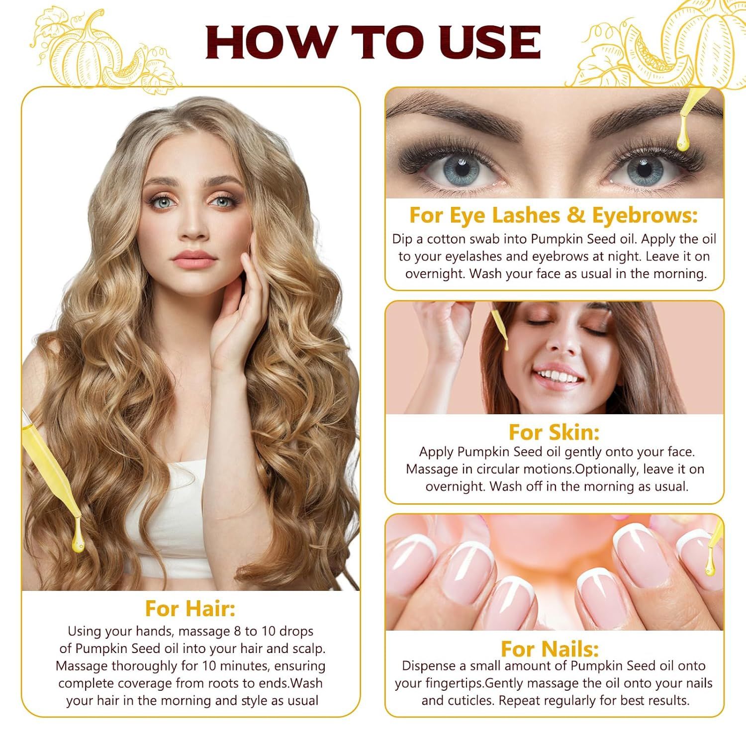 Istruzioni per l'uso dell'olio di semi di zucca. Per capelli, pelle, unghie, ciglia e sopracciglia. Testo e illustrazioni.