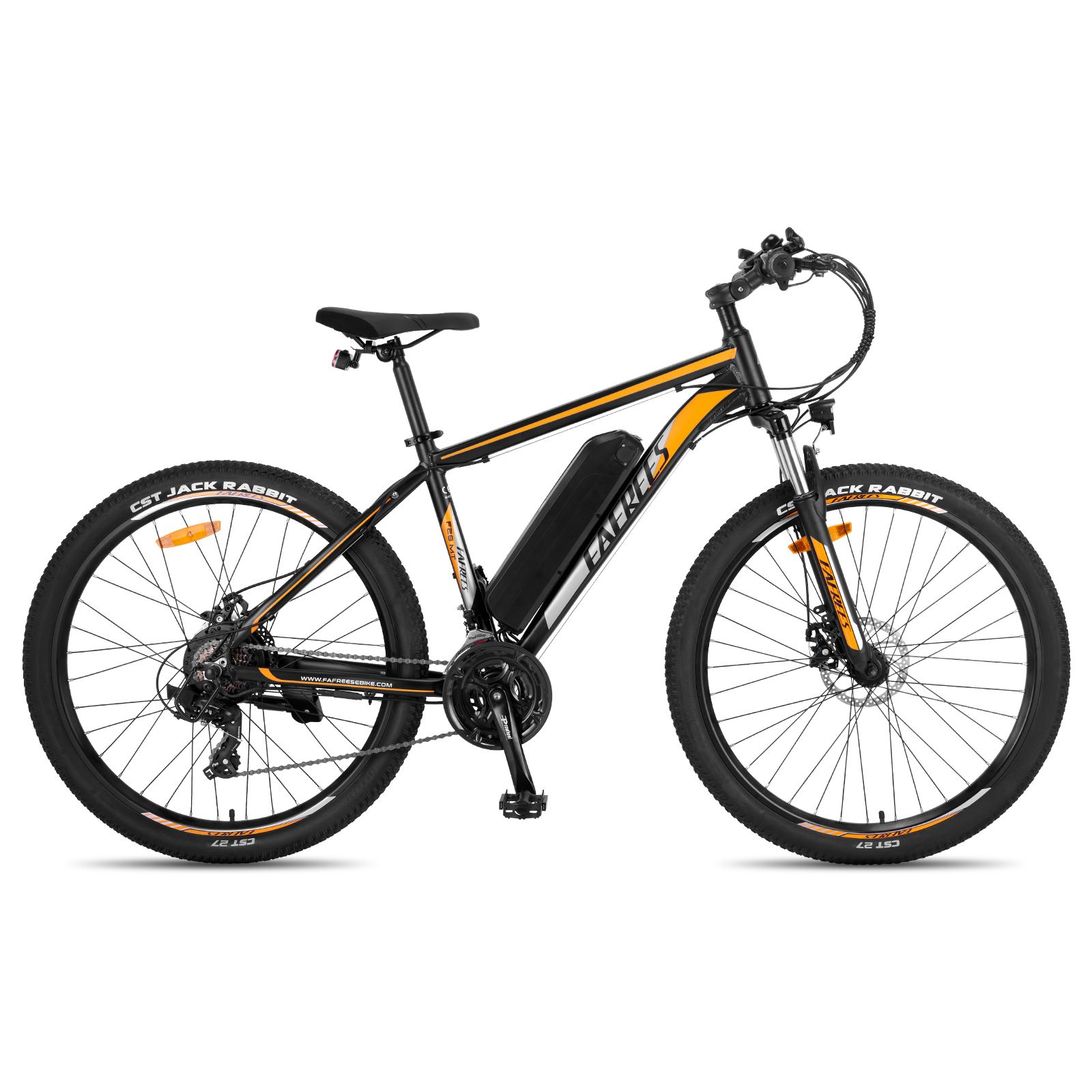 E-MTB nero con dettagli arancioni. Marchio Fafrees visibile. Pneumatici CST Jack Rabbit.