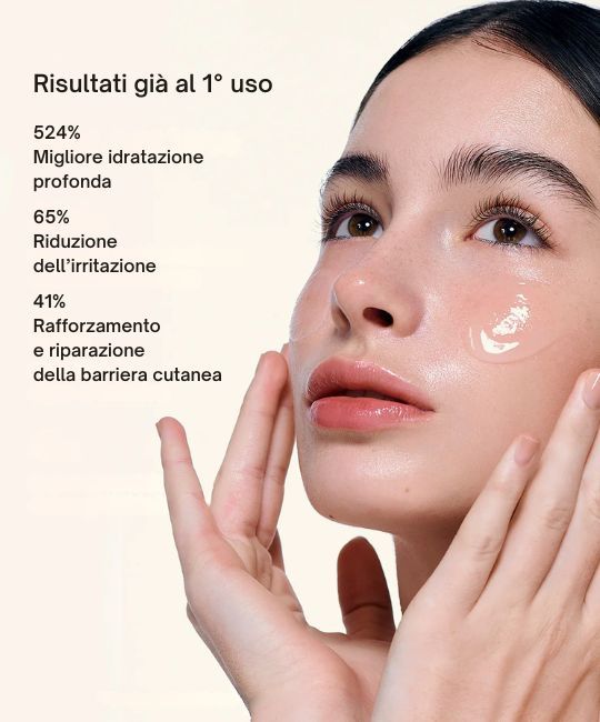 Donna con pelle liscia che mostra gli effetti dell'Ampoule Hydro Cera-Nol.