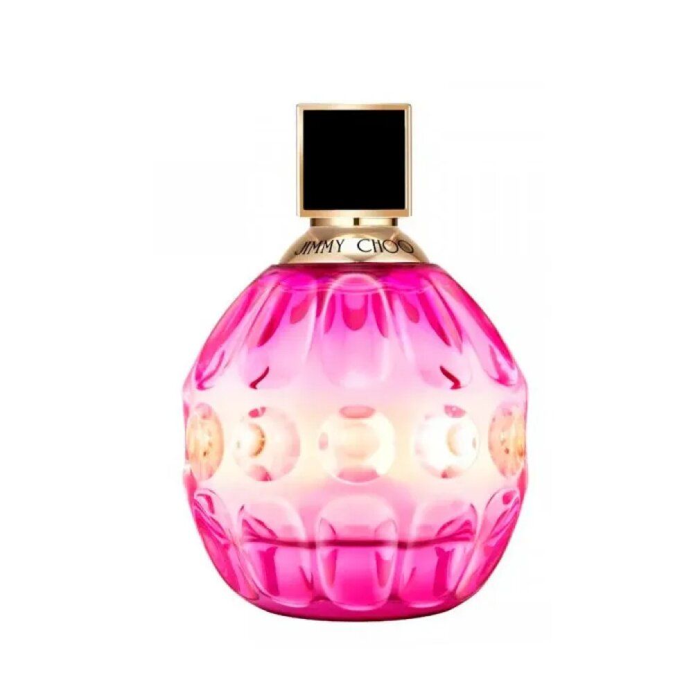Flacone rotondo Jimmy Choo Rose Passion, sfumatura rosa, tappo nero. Scritta dorata.