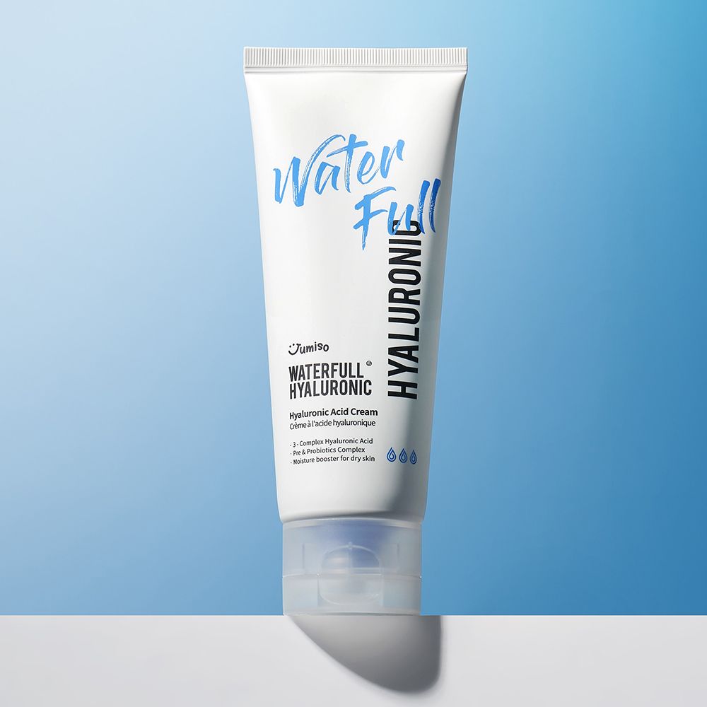 Tubo bianco con scritta blu: Water Full Hyaluronic. Logo JUMISO. Su sfondo blu.