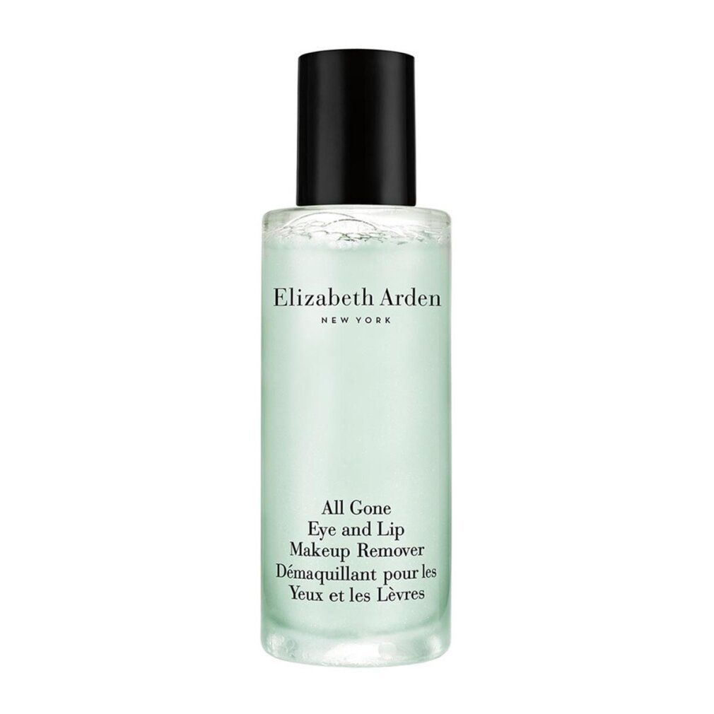 Flacone con tappo nero. Scritte: Elizabeth Arden New York, All Gone Eye and Lip Makeup Remover. 100 ml.