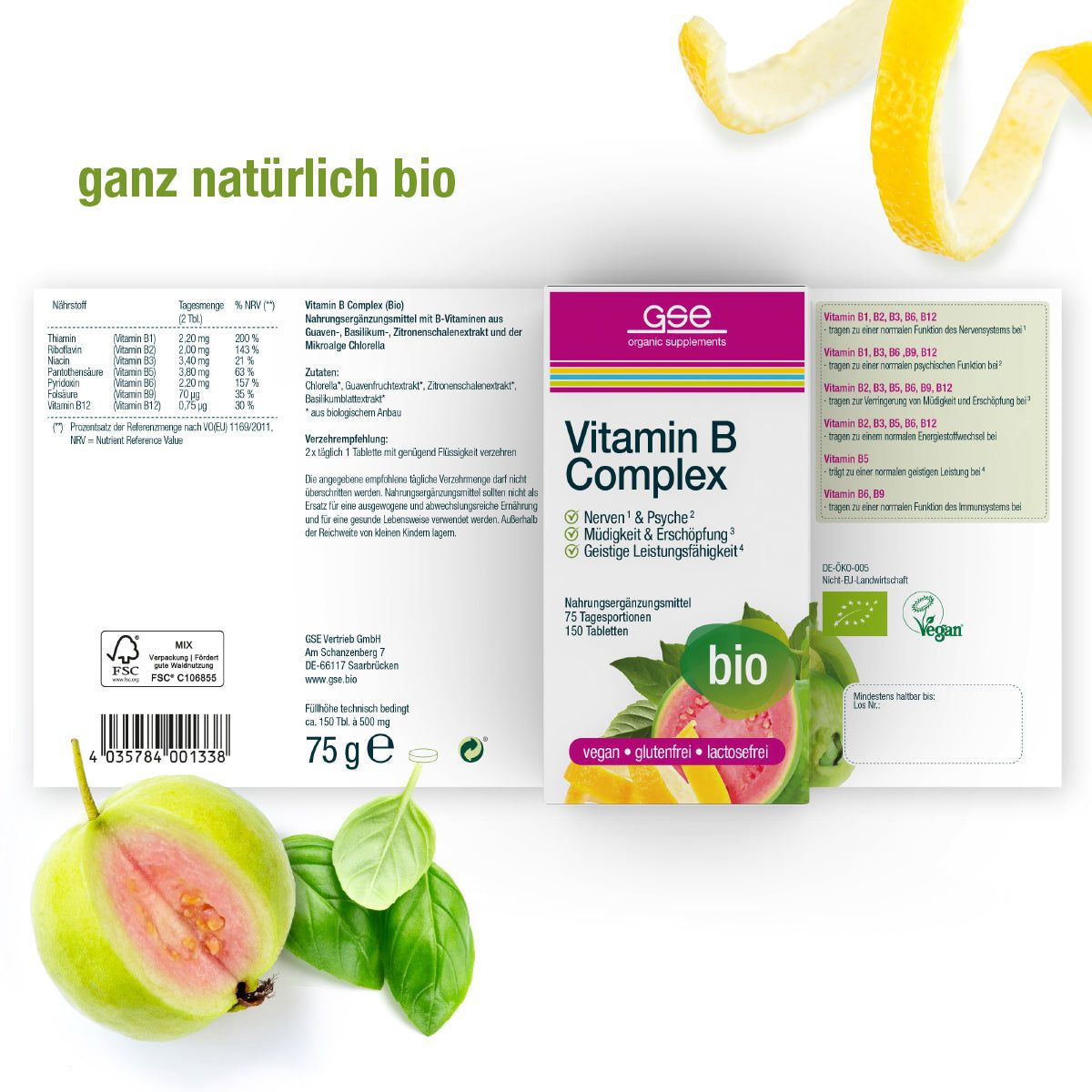 Confezione aperta GSE Vitamin B Complex. 75 g, 150 compresse, bio, vegano, senza glutine, senza lattosio. Guava, foglie.