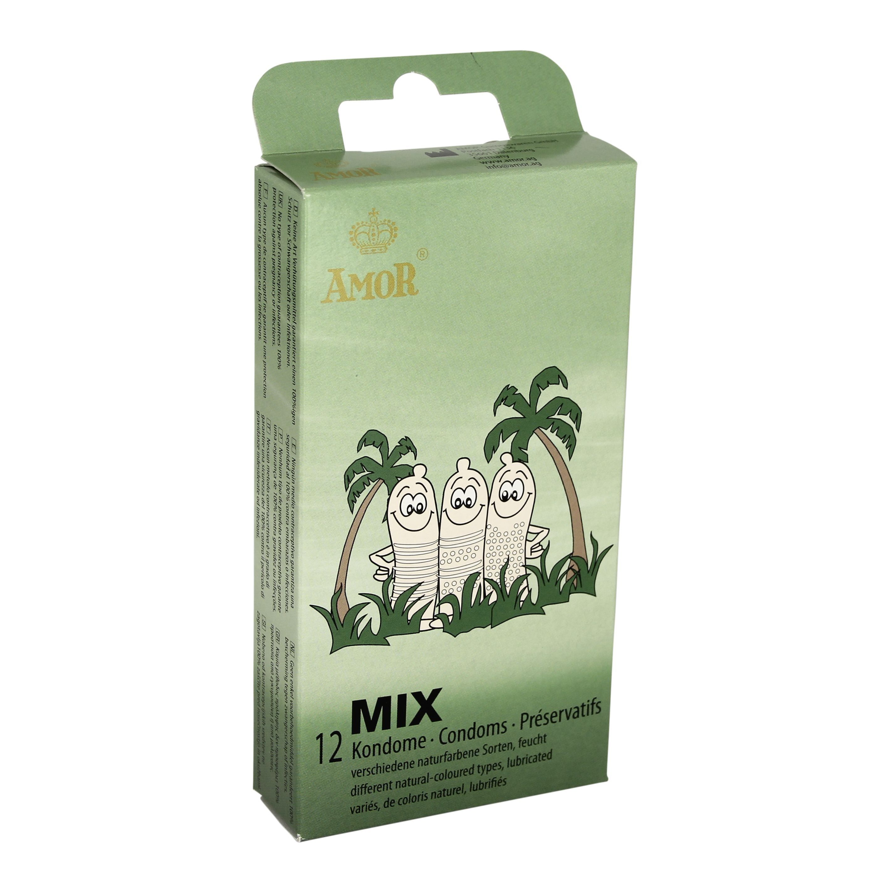 Scatola verde AMOR MIX. 12 preservativi, illustrazione con palme e preservativi. Testo multilingue.