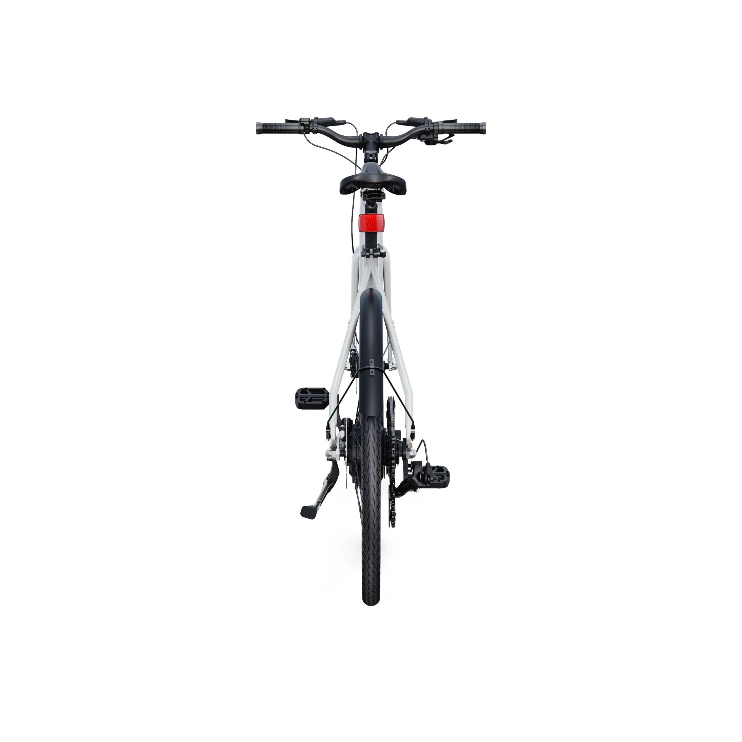 Bicicletta elettrica grigia, vista posteriore. Pneumatici, pedali, sella e manubrio neri. Fanale posteriore rosso.