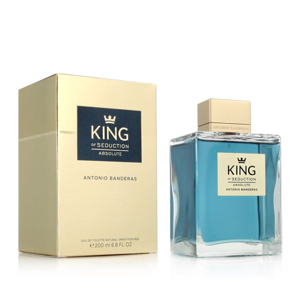 Scatola dorata e flacone. Flacone con liquido blu. Scritta: King of Seduction Absolute, Antonio Banderas.