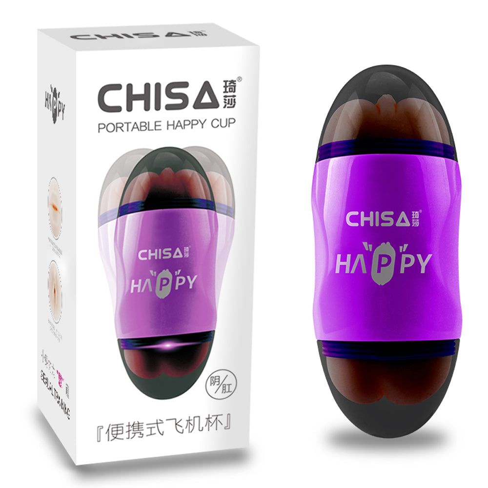 Prodotto e confezione. Prodotto viola e nero con scritta "CHISA HAPPY". Confezione bianca con immagine del prodotto e testo.