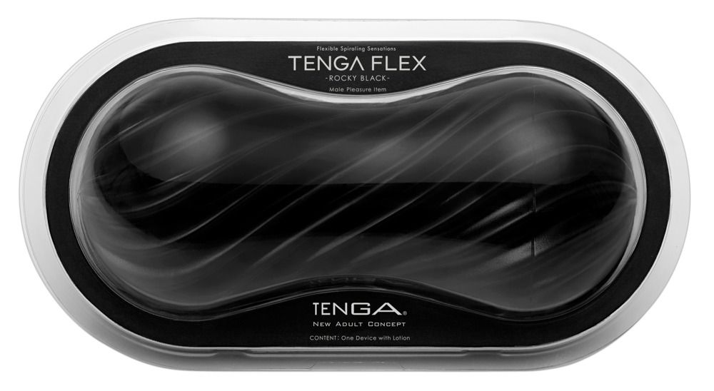 TENGA FLEX Rocky Black nella confezione ovale, design nero attorcigliato.