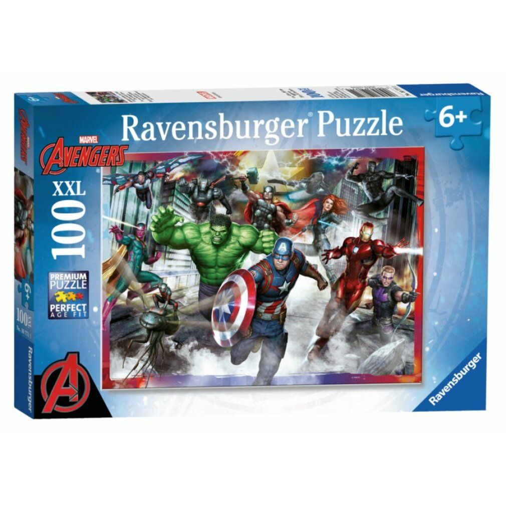 Scatola puzzle Avengers. Contiene 100 pezzi XXL. Marchio: Ravensburger. Età consigliata: 6+. Confezione con eroi in azione.