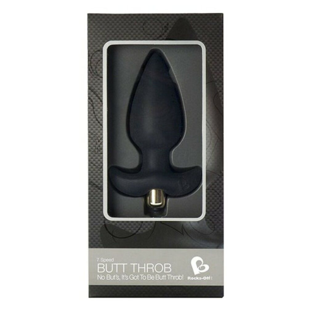 Confezione con plug anale nero. Nome prodotto: Butt Throb. Marchio: Rocks-Off. Sfondo nero.