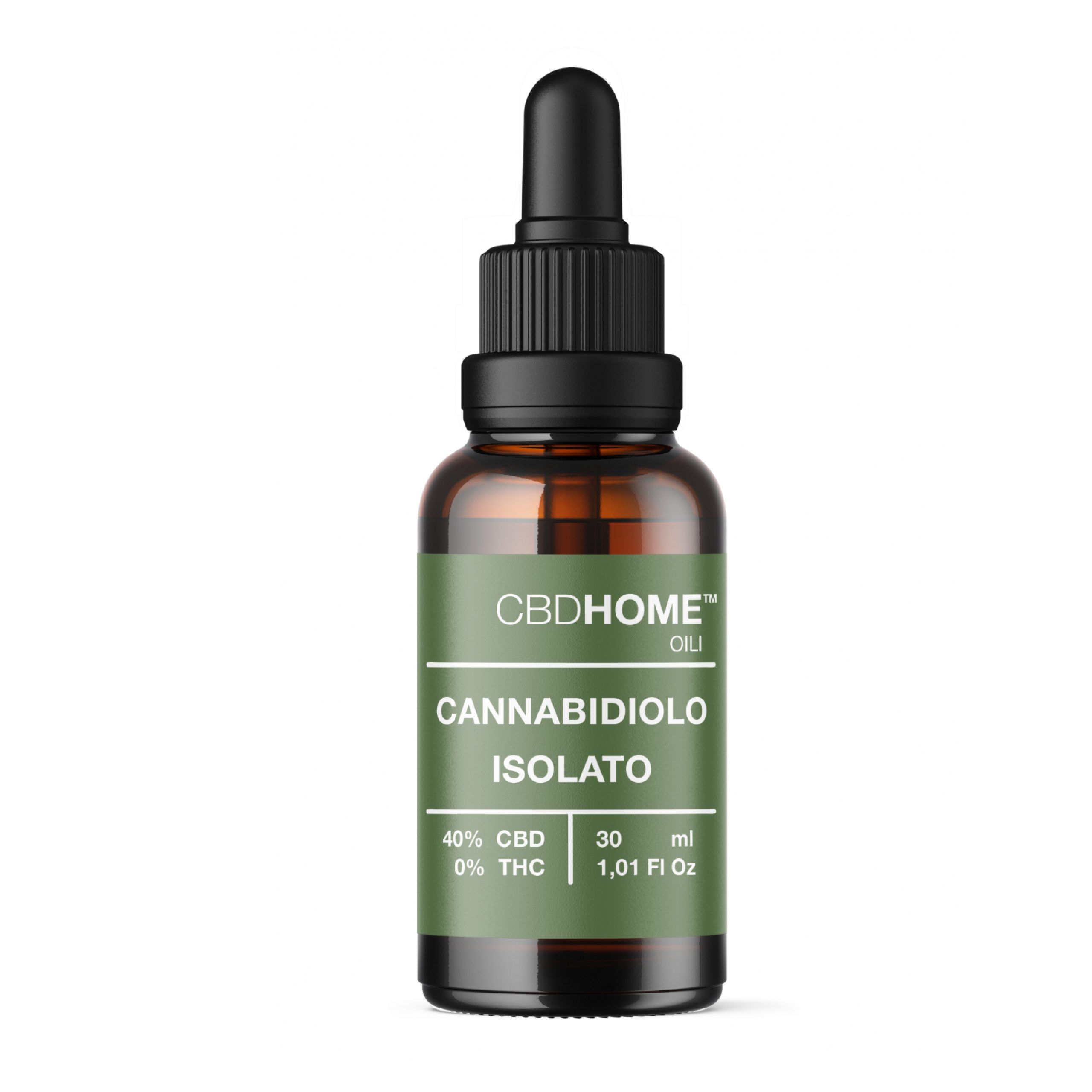 Flacone di olio CBDHOME con contagocce. 40% CBD, 0% THC, 30ml.