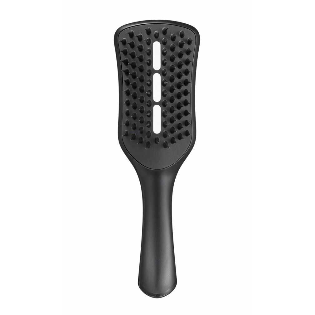 Spazzola per capelli nera con manico e fori di ventilazione. Testina ovale con setole nere. Manico dalla forma arrotondata.
