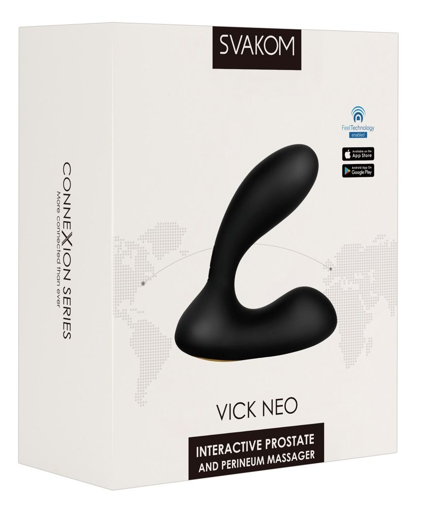 Confezione del massaggiatore interattivo per prostata e perineo 'Vick Neo' di Svakom, nero.