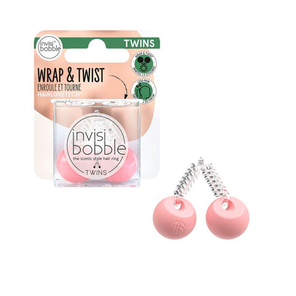 Due elastici rosa con estremità sferiche. Confezione trasparente con scritta Invisibobble.