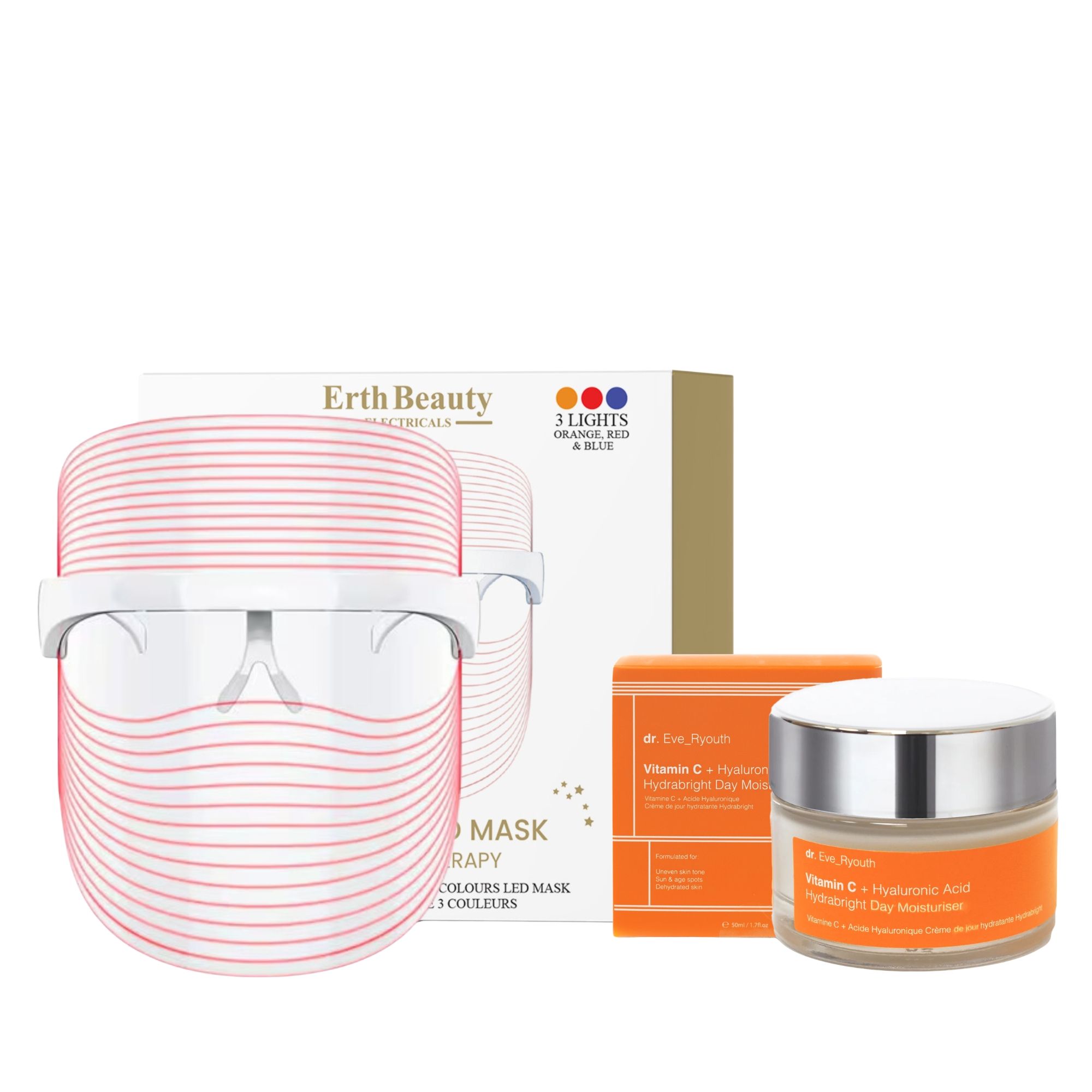 Dr Eve Ryouth Maschera LED Senza Fili 3 Colori con Vitamina C Crema Giorno Hydrabright