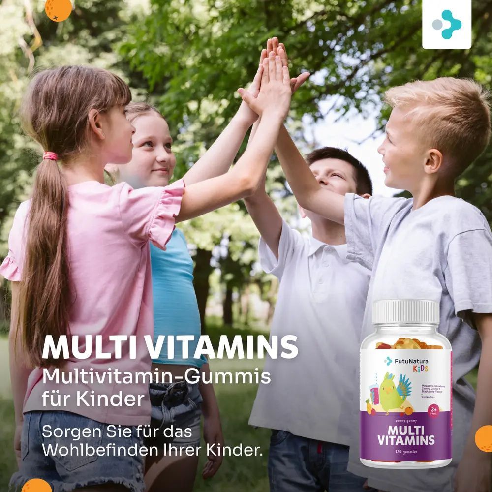 Flacone di FutuNatura Kids Multi Vitamins. Bambini che si danno il cinque. Scritta: Multi Vitamins, caramelle gommose multivitaminiche per bambini.