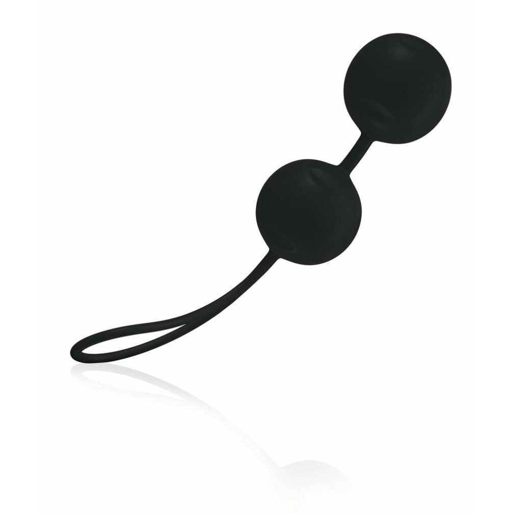 Due sfere nere con connettore e anello. Prodotto per l'allenamento del pavimento pelvico.