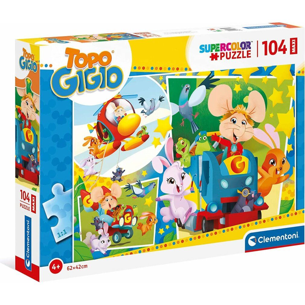 Scatola puzzle con motivo Topo Gigio. Contiene 104 pezzi. Marchio Clementoni. Illustrazione del puzzle completo.