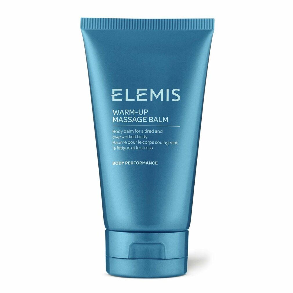 Tubo blu con scritta: Elemis, Warm-Up Massage Balm. Testo: Body balm for a tired and overworked body. Tappo a vite.