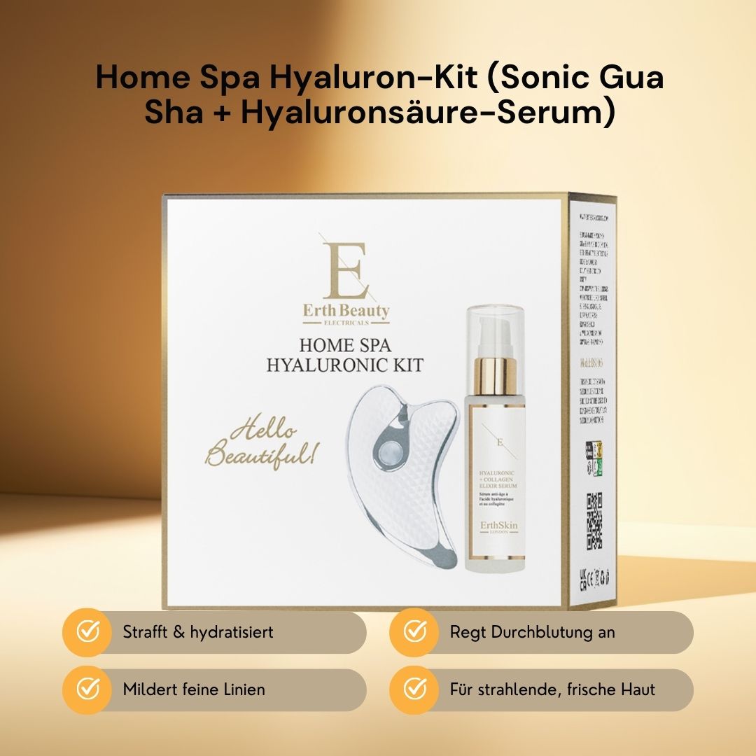 Kit ErthSkin London Home Spa Hyaluron. Siero e Gua Sha. Scatola bianca con immagine prodotto. Testo: Strafft & hydratisiert.