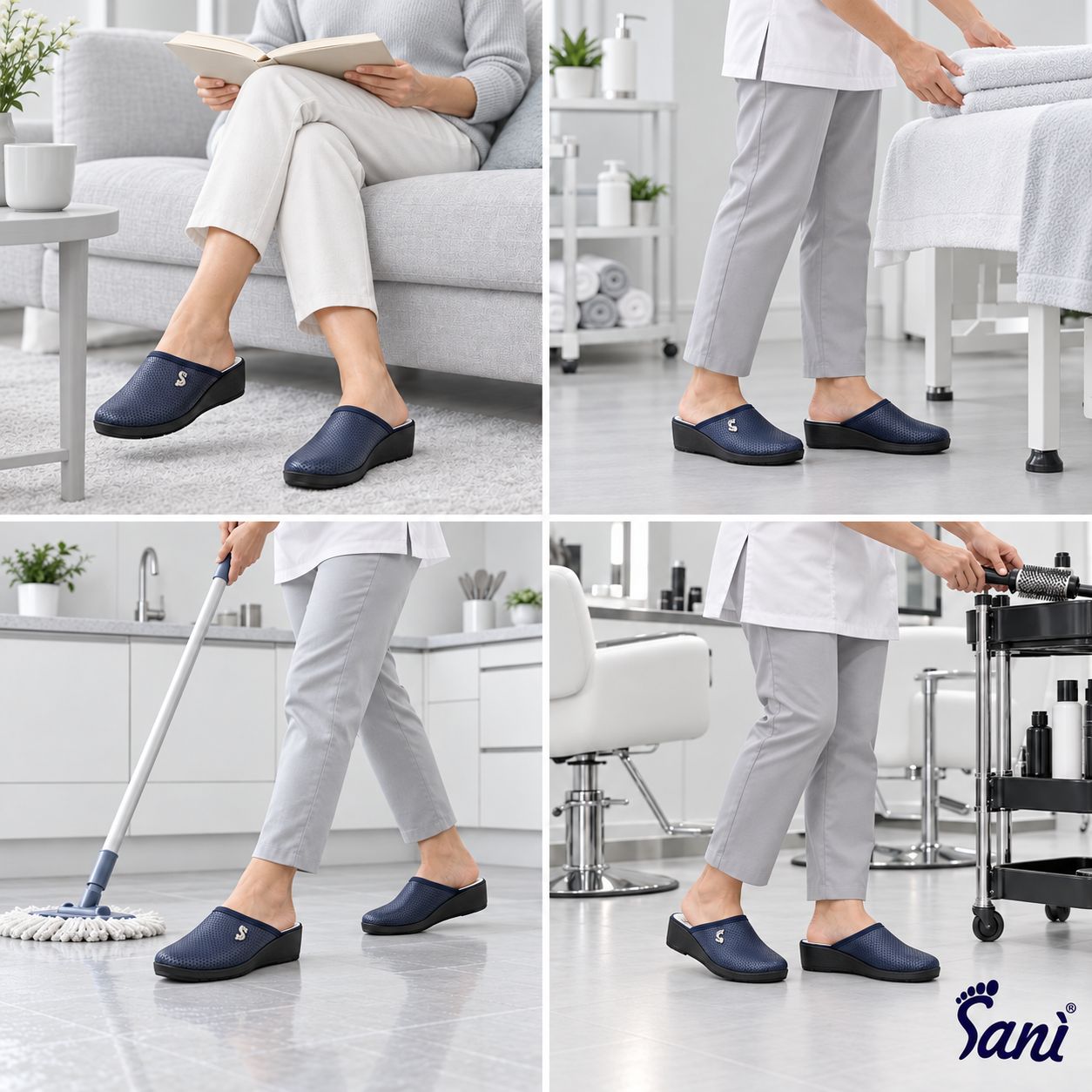 Zoccoli donna blu scuro, tomaia microforata, con simbolo di piede.