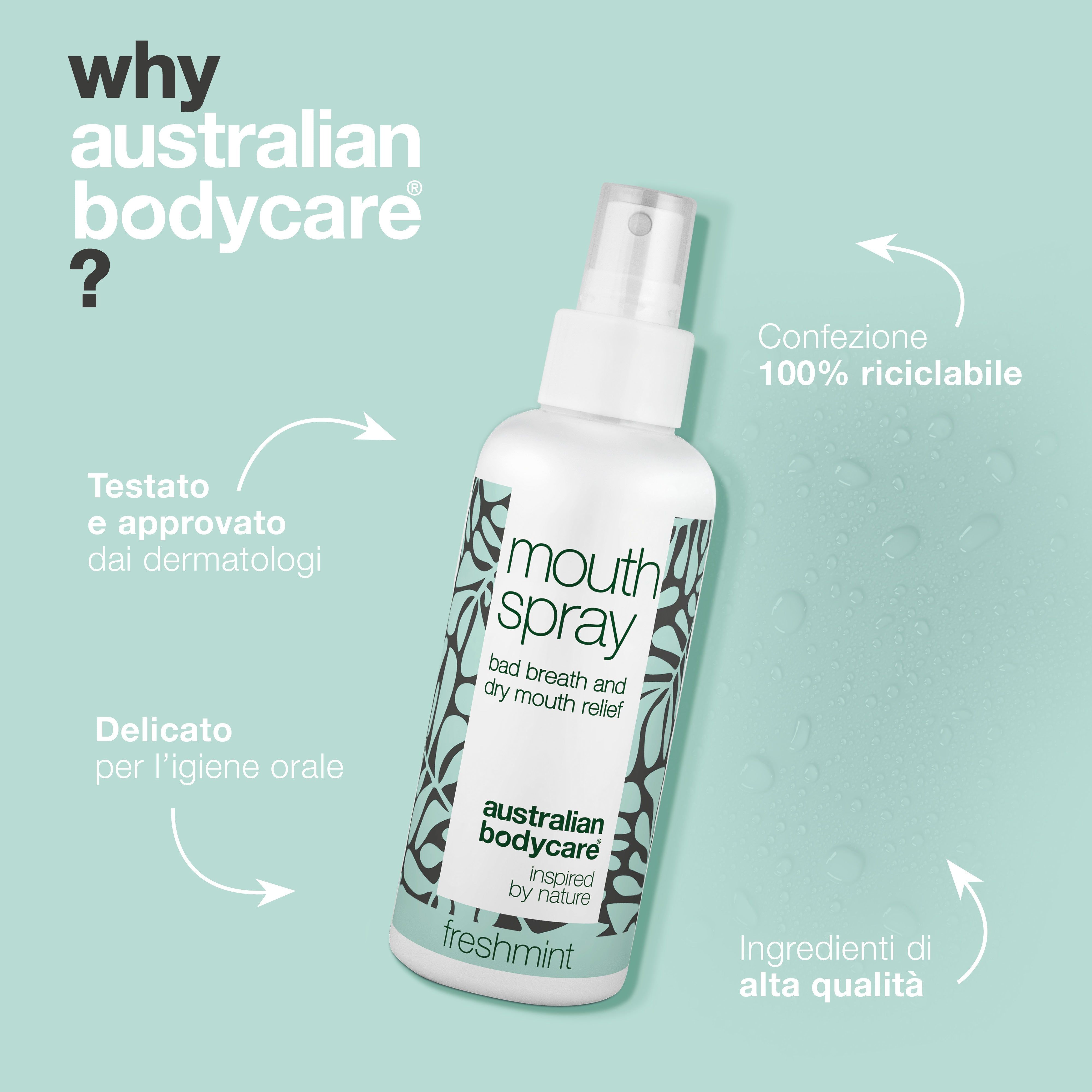 Flacone spray per la bocca. Testo: testato e approvato dai dermatologi, delicato per l'igiene orale, confezione 100% riciclabile.