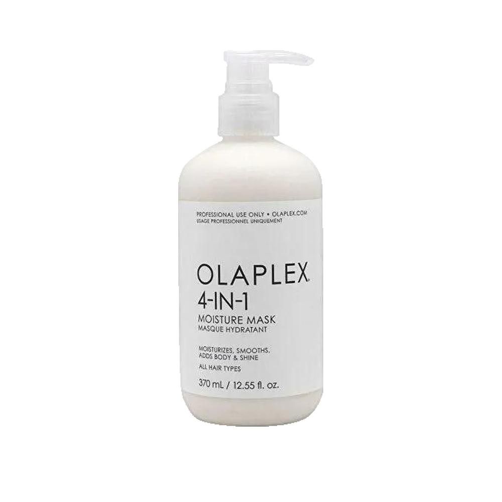 Maschera idratante Olaplex 4-in-1. Flacone bianco con dosatore a pompa. Testo: Moisture Mask, 370 ml. Per tutti i tipi di capelli.