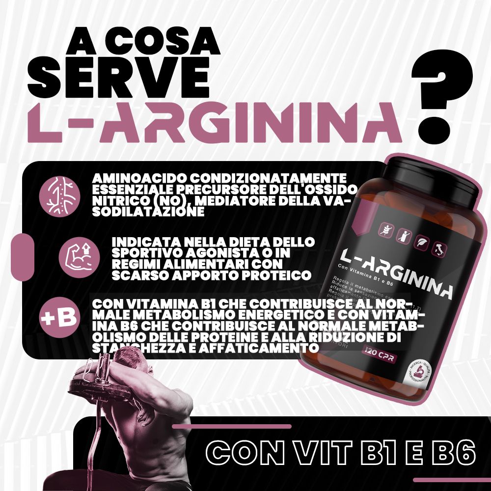 Flacone marrone di integratore L-Arginina con tappo nero, etichetta con testo e icone.