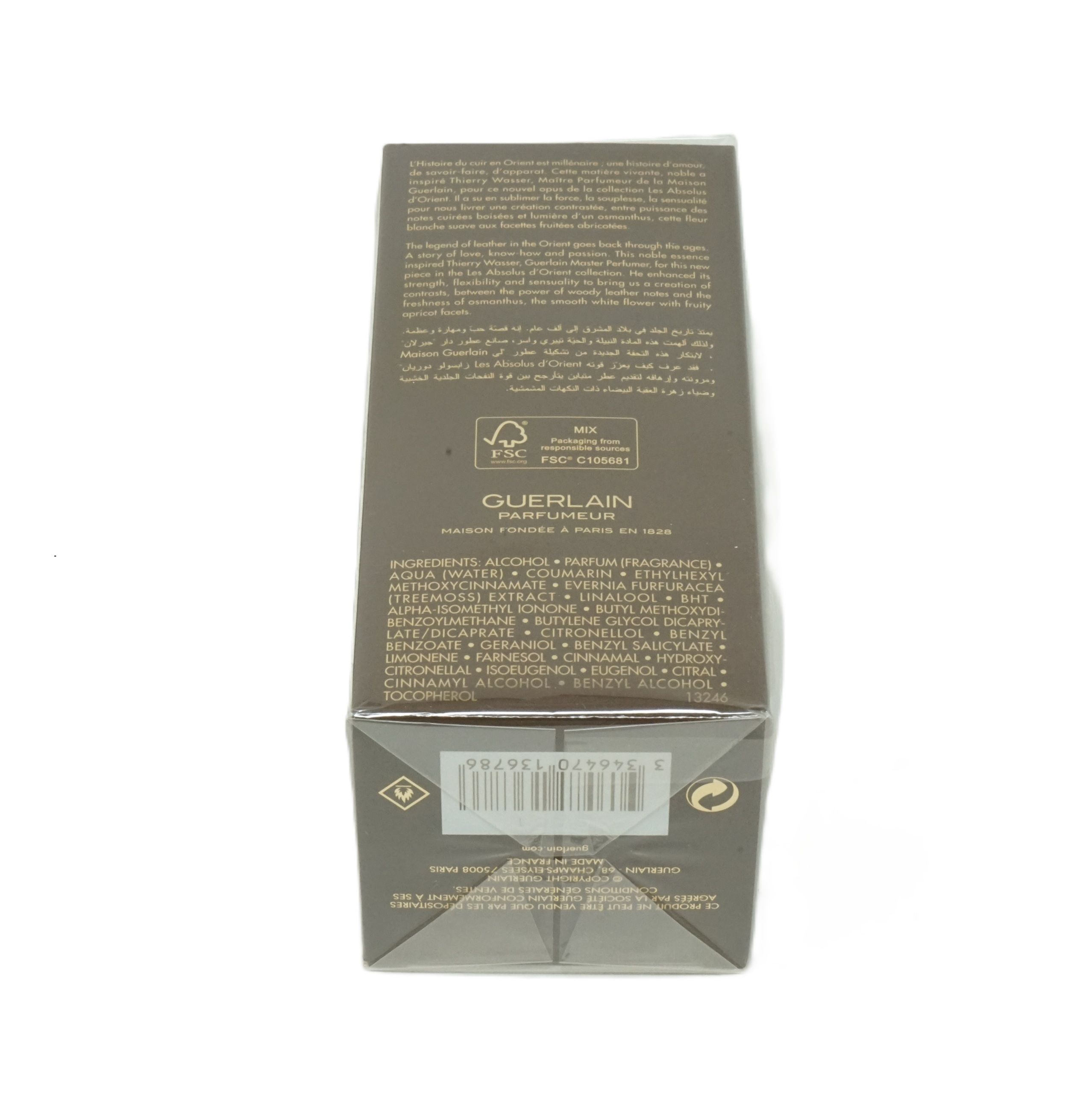 Confezione Guerlain Cuir Intense Eau de Parfum con elenco ingredienti e logo del marchio.