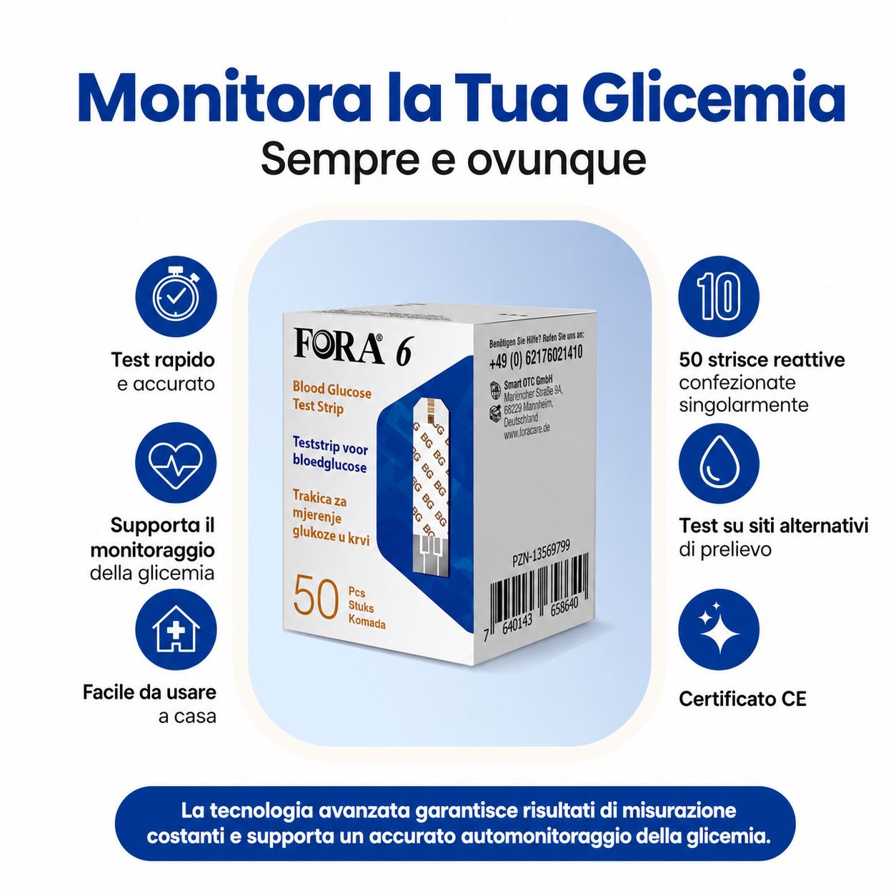 Strisce reattive FORA 6 per glicemia, 50 strisce confezionate singolarmente. Test rapidi e accurati, supporta il monitoraggio della glicemia. Certificato CE.