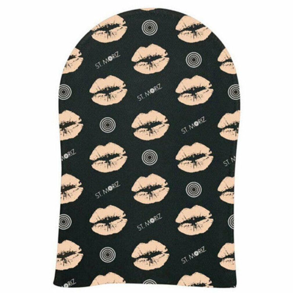 Guanto applicatore nero con motivo labbra e logo ST. MORIZ. Per un'abbronzatura professionale senza striature. Senza confezione.
