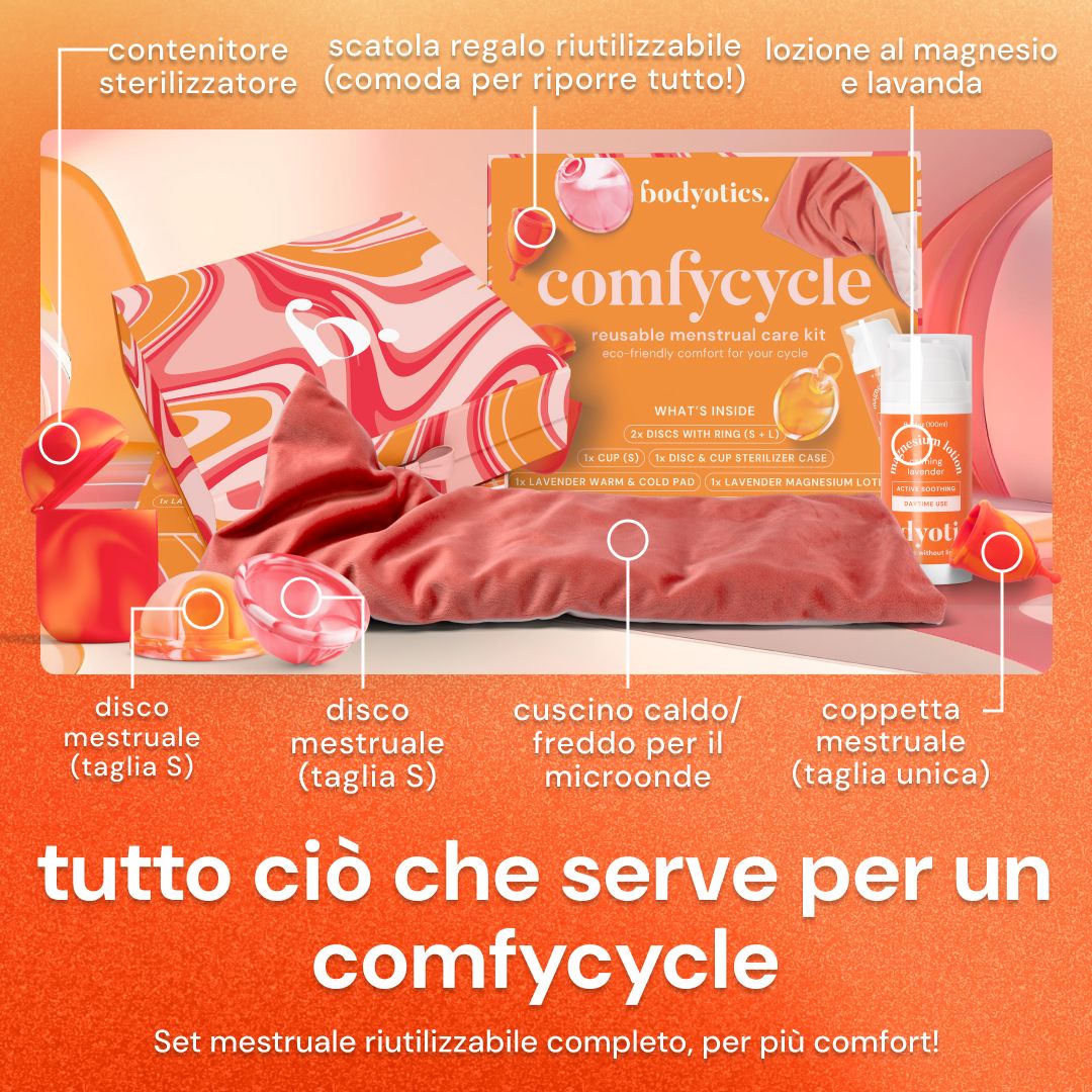 Kit riutilizzabile per la cura mestruale con coppetta, disco e cuscino caldo/freddo.
