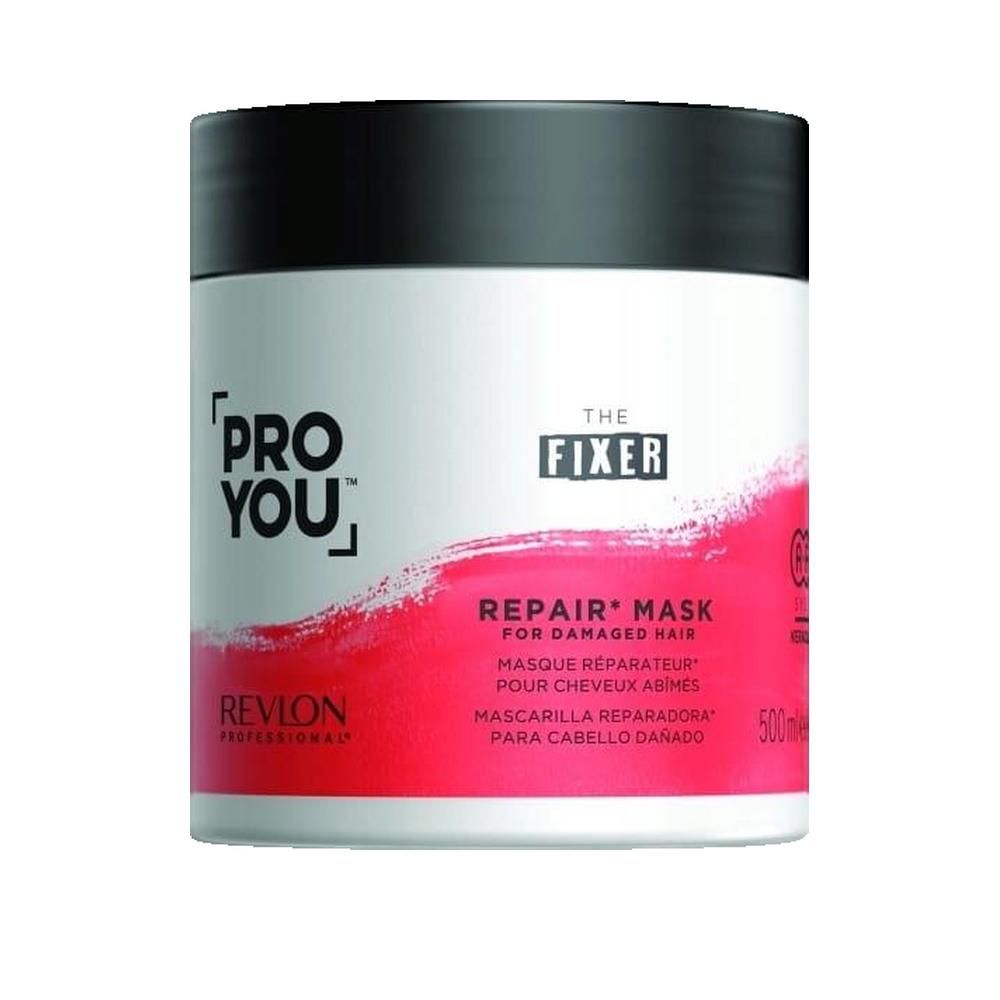 Vaso bianco con coperchio nero. Scritta: Pro You, The Fixer, Repair Mask. Sfumatura rossa. Revlon Professional.