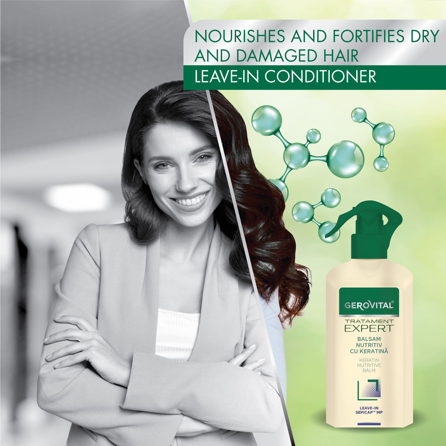 Donna con prodotto. Testo: Nourishes and fortifies dry and damaged hair. Gerovital Expert, Balsam nutritiv cu keratină.