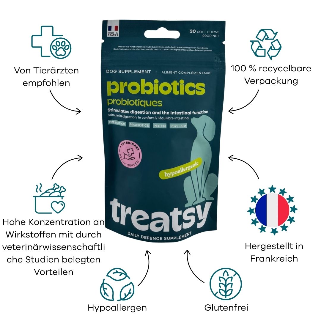 Confezione di probiotici per cani. 30 masticabili morbidi. Raccomandato dai veterinari. Ipoallergenico. Senza glutine. Prodotto in Francia.