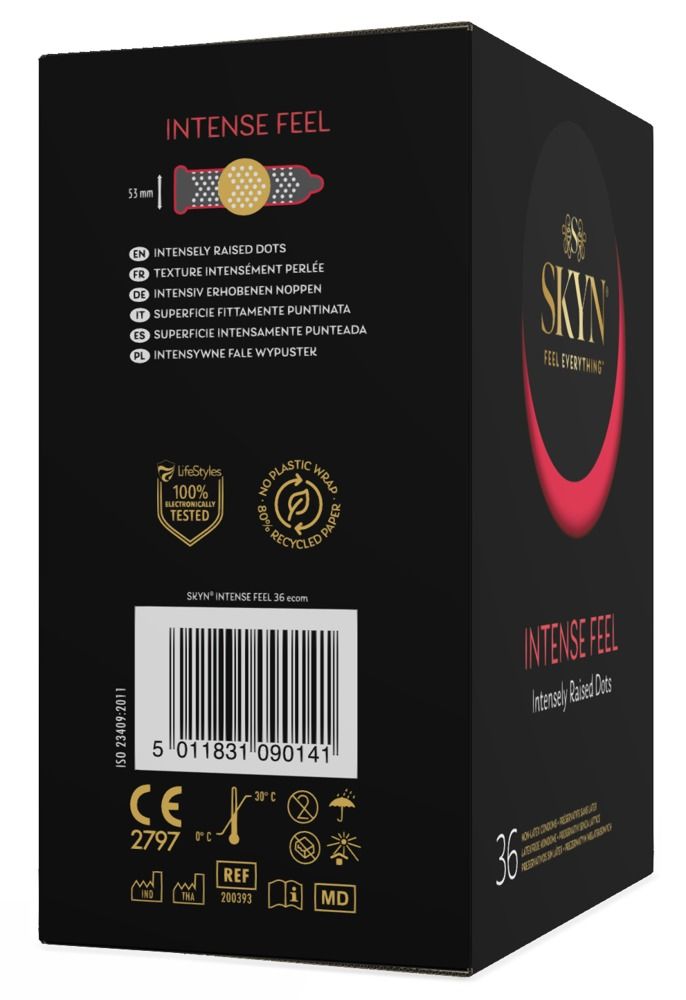 Confezione nera SKYN INTENSE FEEL, 36 pezzi. Logo e scritte multilingue. Certificazioni e informazioni sul riciclo.