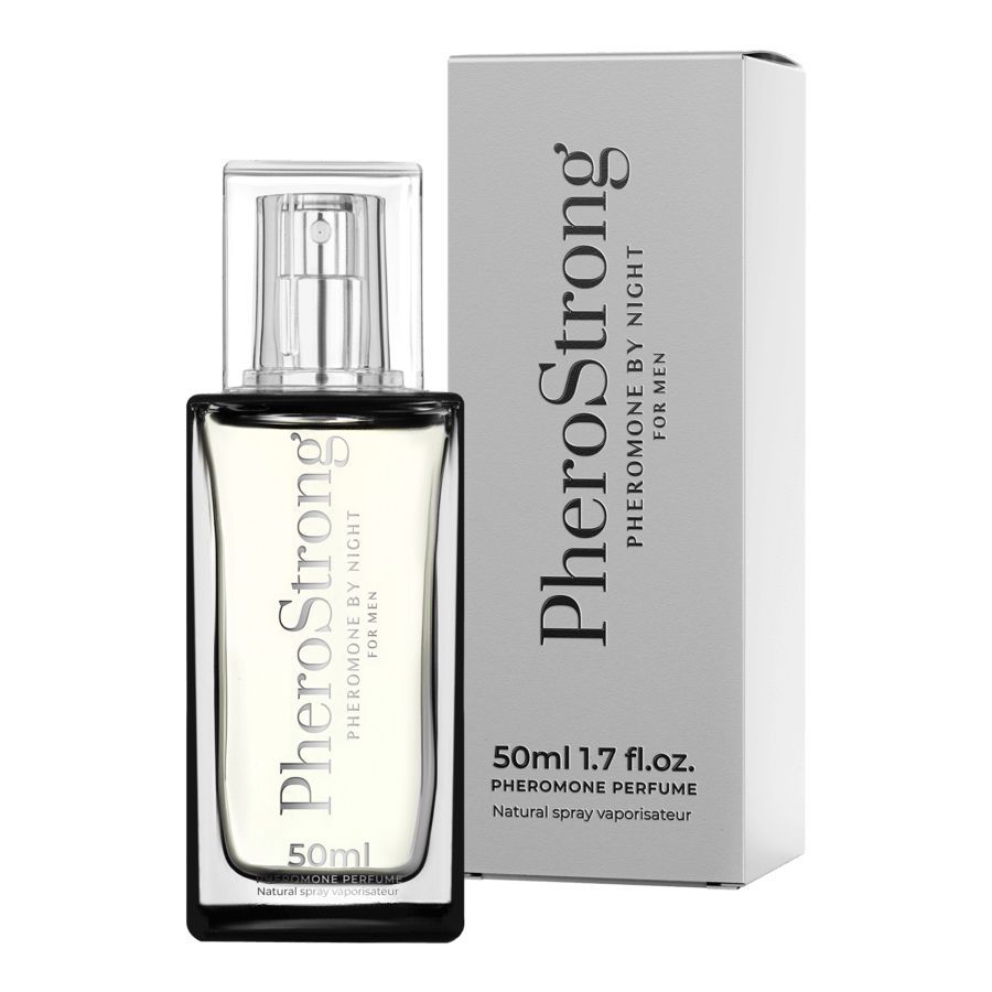 PheroStrong Profumo feromoni uomo, flacone da 50ml con spray e confezione.