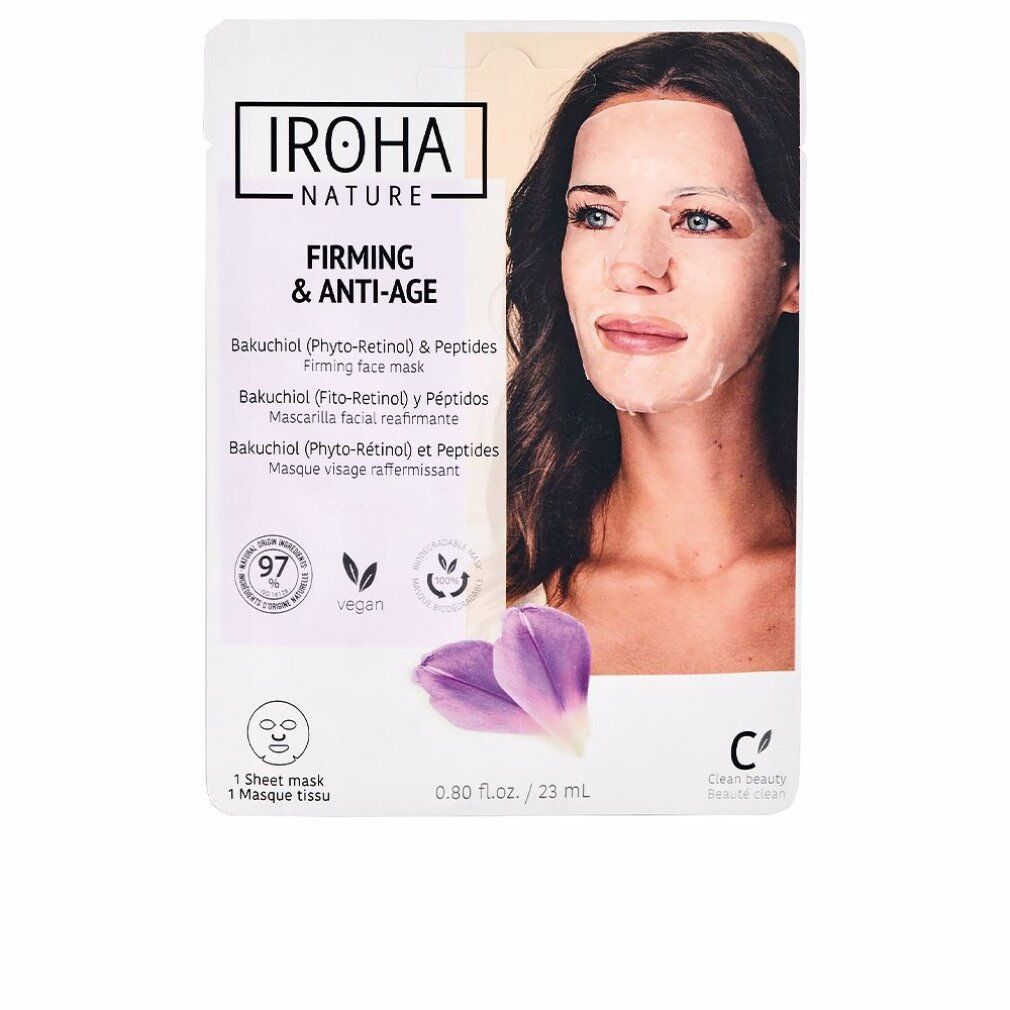 Maschera viso su donna. Confezione Iroha Nature, Firming & Anti-Age, Bakuchiol & Peptides. Sigillo vegano.