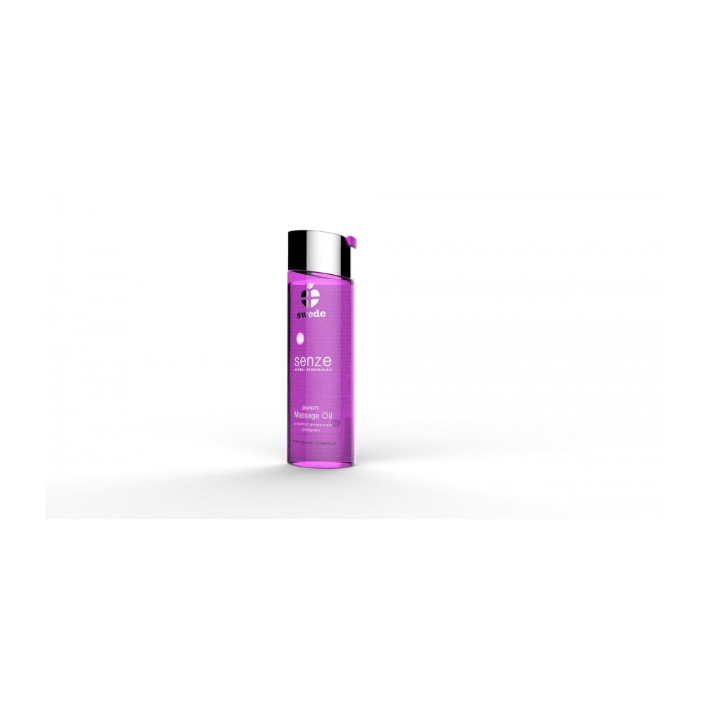 Olio da massaggio Swede Senze Divinity in flacone viola con tappo argentato.