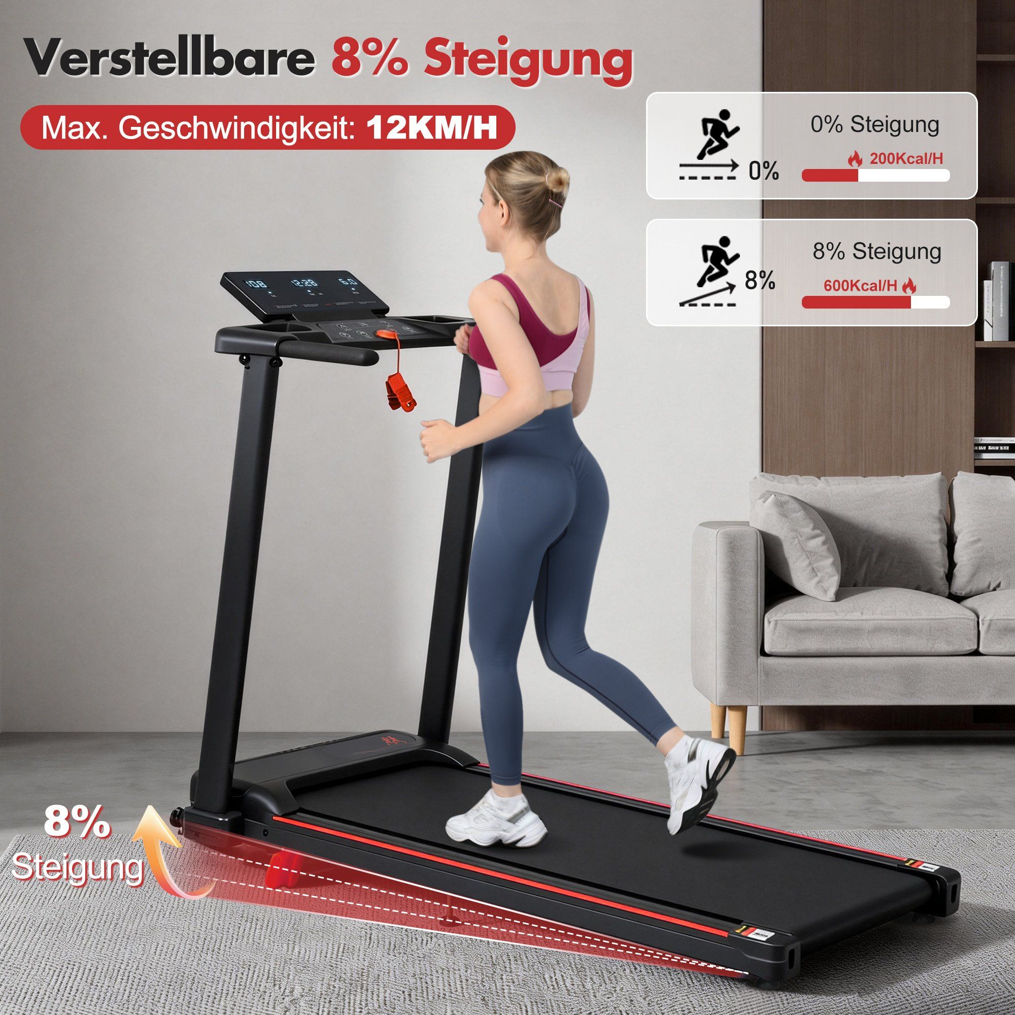 Tapis roulant per uso domestico con inclinazione dell'8% e velocità da 1 a 12 km/h