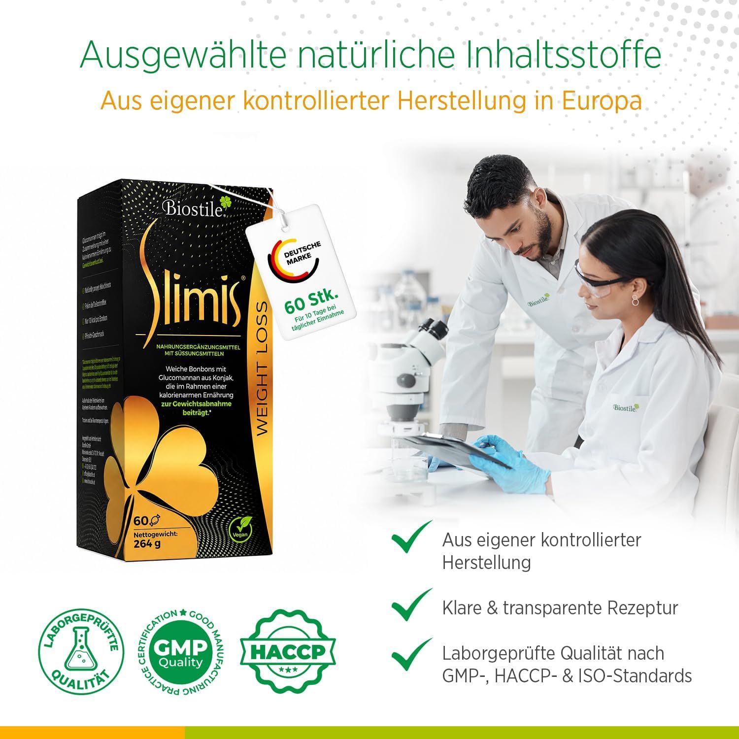 Confezione Biostile Slimis, laboratorio, certificati di qualità.
